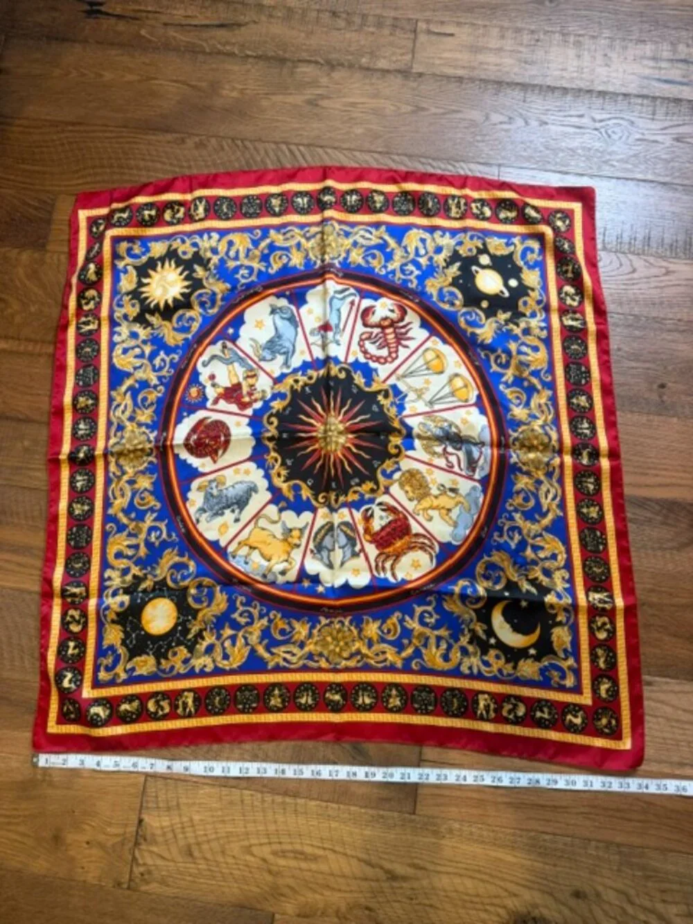Zodiac Celestial Print Satin Square Scarf Red Blue Gold 35” Wrap Shawl Bandana